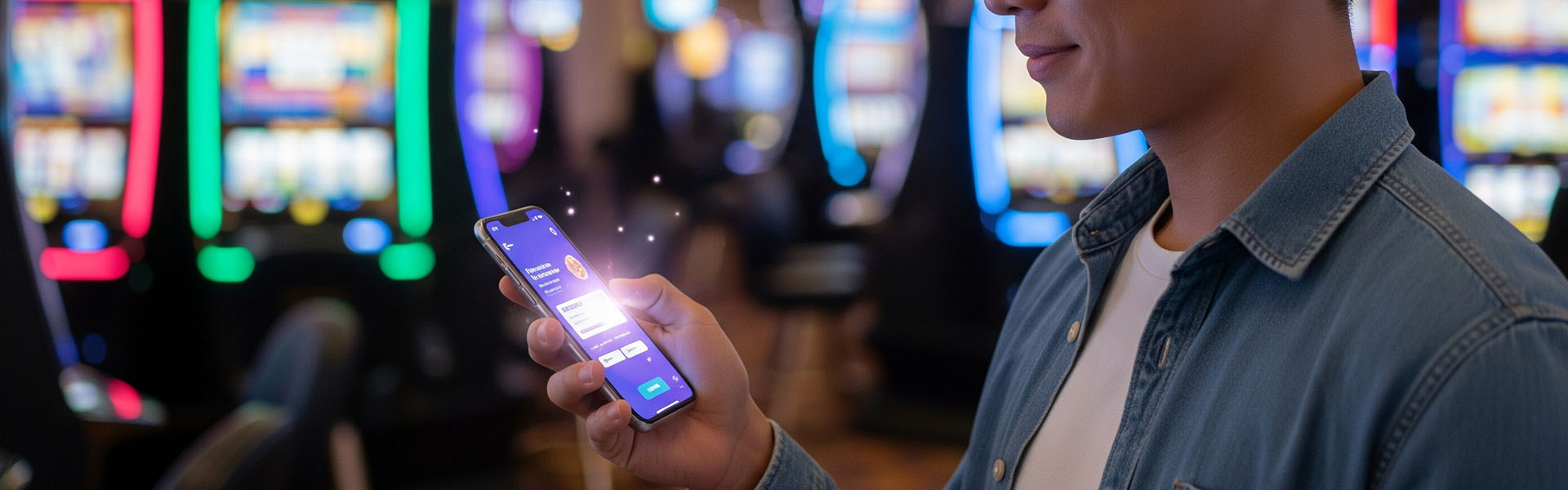 Man holding a mobile phone in a casino.