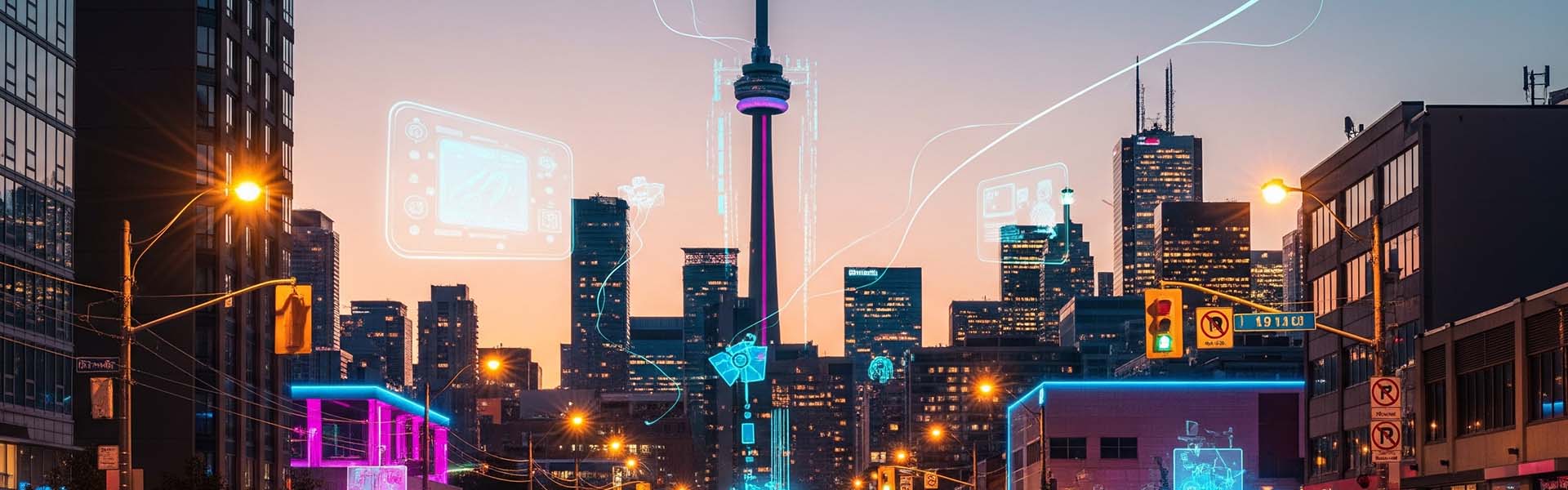 Toronto skyline with the CN Tower at night.