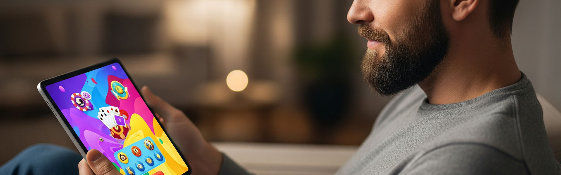 Man playing casino games on a tablet.
