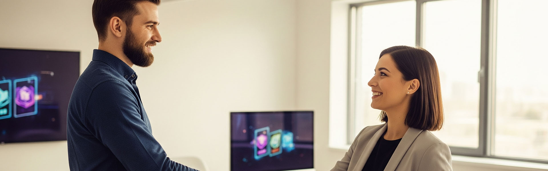 Two people shaking hands at a business deal.