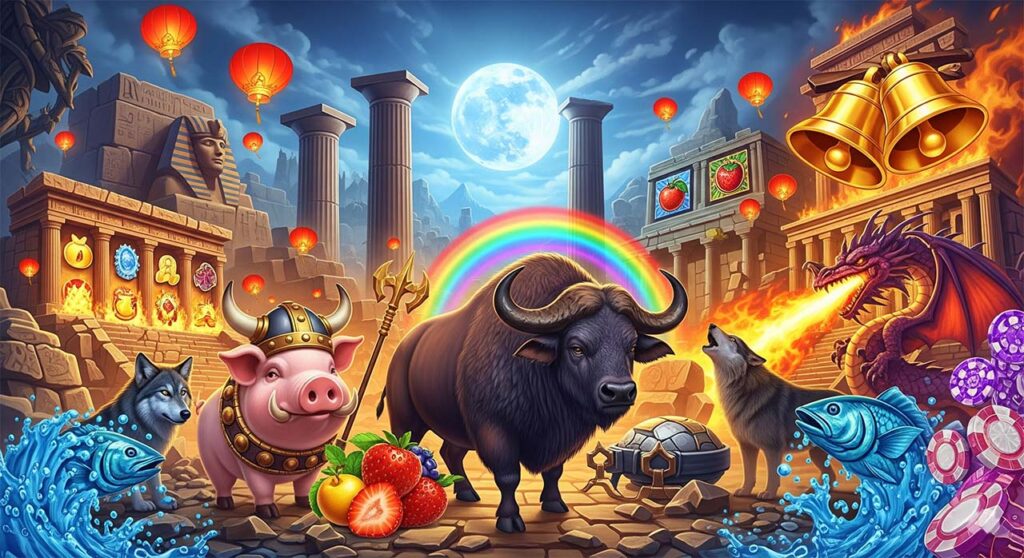 Popular slot machines themes in a single game.