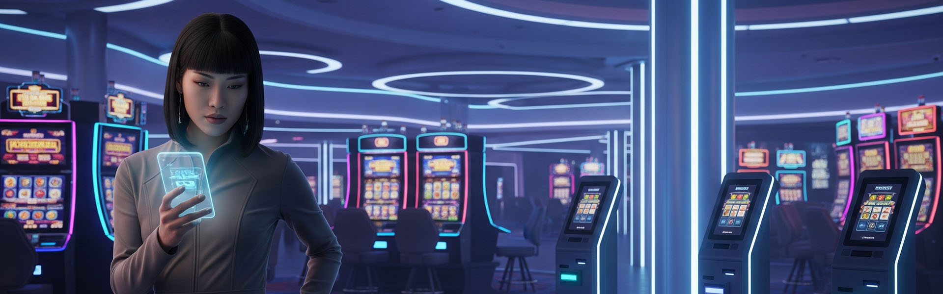 Futuristic casino with a woman holding a smartphone.