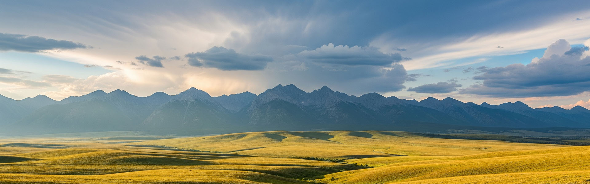 Alberta's natural scenery — rolling foothills or the Rocky Mountains in the distance, with a dramatic sky and open plains in the foreground.