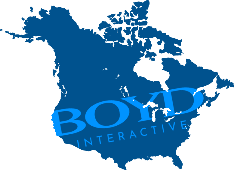 Boyd Interactive superimposed on a map of North America.