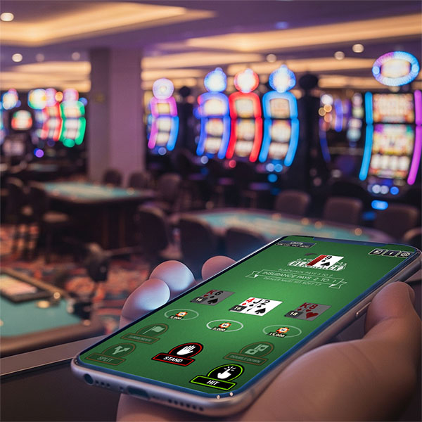 Mobile phone in a casino showing blackjack.